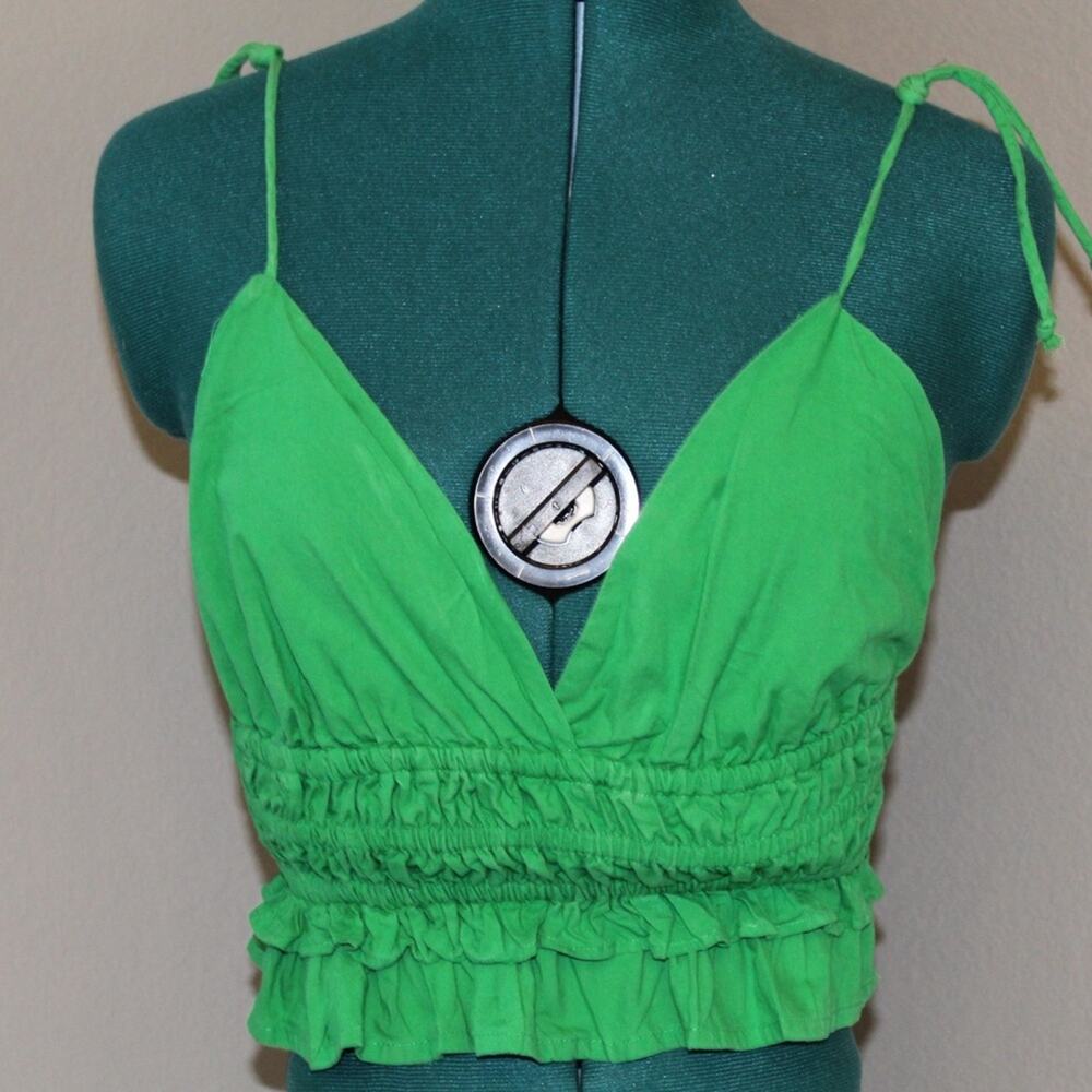 Sim & Sam Green Smocked Ruffle Hem Crop Top Tie Straps Women’s Small